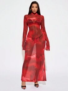 SHEIN SXY 红色渐变半透明性感长袖连衣裙、红色连衣裙、红色女装连衣裙、派对女装连衣裙、圣诞派对女装连衣裙、新年前夜连衣裙、新年服装、性感红色连衣裙、红色长裙