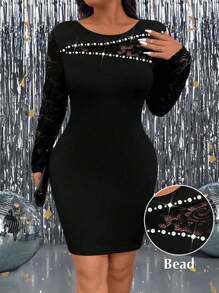 SHEIN Clasi Plus Size Party Knit Bodycon Dress With Contrast Lace And Studded Pearl Decor