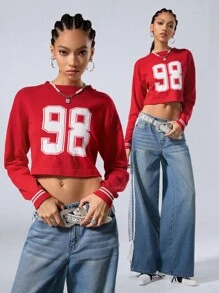 Coolane Women's Fall/Winter Basic Number Printed Keep Warm Red Round Neck Long Sleeve Crop Sweater