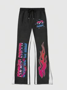 ROMWE MEN Street Life Men's Racing Letter Print Hoodie And Sweatpants Tracksuit - Black - View 4