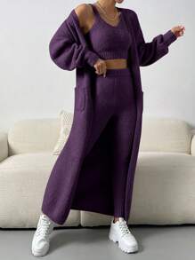 Chiquease 3 Peças Conjunto de Roupas Roxas Femininas: Regata Aveludada de Cor Sólida, Calça Longa, Cardigã Longo Com Bolsos - Roxo - Visão 6