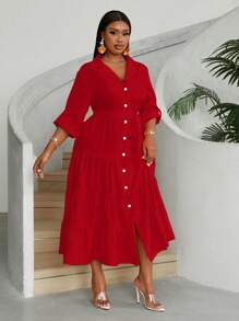 Maweii Vestido camisero de talla grande de color liso con botones al frente para otoño, ropa de Año Nuevo, conjunto maximalista para mujer - Rojo - Ver 3