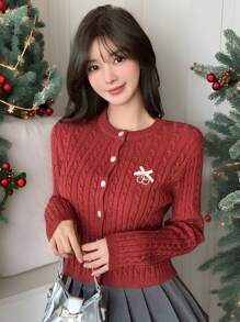 DAZY Textured Cable Knit Embroidery Letter Cardigan Sweater, Christmas Wear For Women ,Holiday