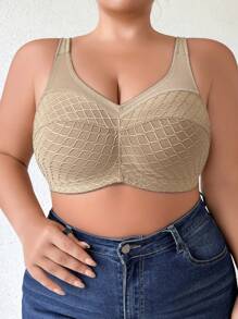 1pc Plus Size Women's Comfortable Mesh & Jacquard Patchwork Lingerie - Camel - View 1