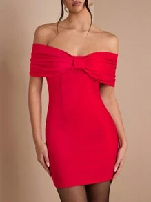 SHEIN BAE Women's Elegant Open Shoulder Bowknot Cocktail Dress, Suitable For Party, Date Night, Clubbing In Autumn & Winter