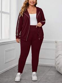 EMERY ROSE 2 件/套大码女式休闲运动风格豹纹拼接侧拉链抽绳连帽衫和松紧腰紧身裤，春秋季 - 酒紅色 - 查看 3