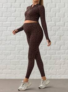 SHEIN Maternity Leopard Print Cropped Sports Jacket + Pants Set