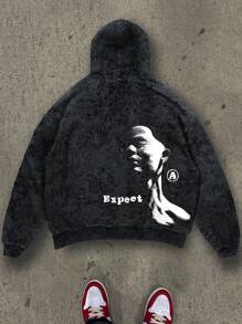 Manfinity Dauomo Men's Loose Fit Hoodie Manfinity EMRG Graphic Athletic Hoodie, Men's Heavy Distressed Snowflake Knit Sweatshirt, High Street Style - Black - View 1