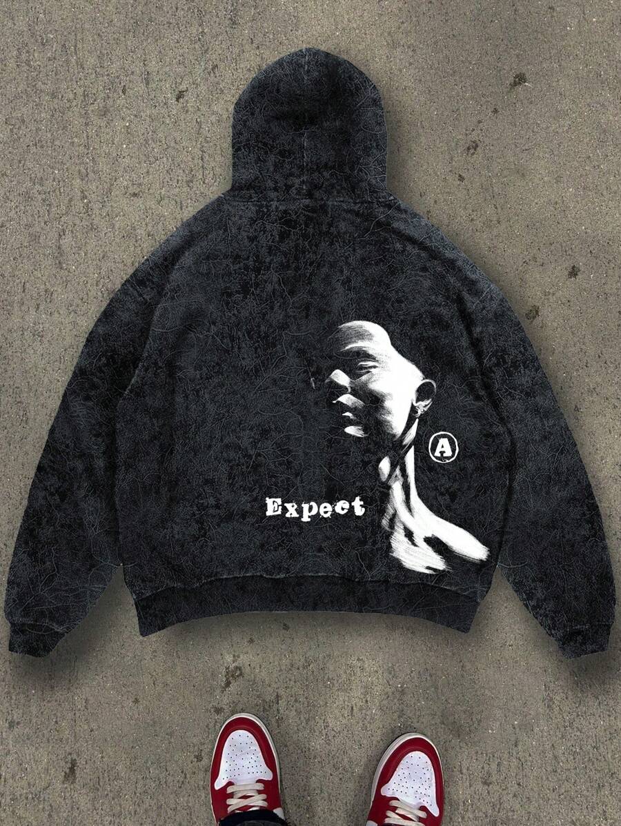 Manfinity Dauomo Men's Loose Fit Hoodie Manfinity EMRG Graphic Athletic Hoodie, Men's Heavy Distressed Snowflake Knit Sweatshirt, High Street Style - Black - View 1