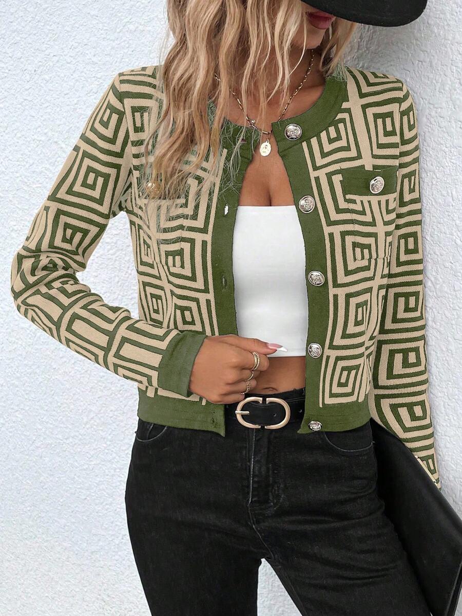 SHEIN LUNE Casual Geometric Pattern Cardigan, Cropped Length For Autumn Fall Cloth For Women - Army Green - View 1