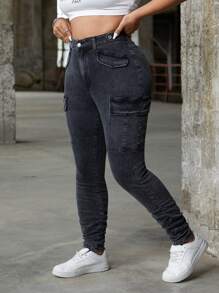 SHEIN ICON Plus Size Vintage Washed Utilty Multi-Pocket Stretch Skinny Fold Pleated Pants - Grey - View 4