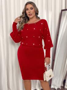 SHEIN Clasi 大码露肩珍珠串珠蝙蝠袖收腰黑色毛衣连衣裙商务休闲女士、工作服、秋季婚礼宾客礼服，适合冬季 - 紅色 - 查看 3