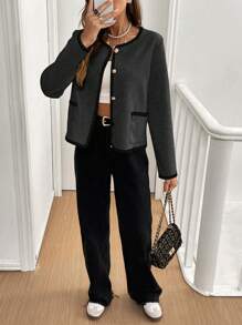 SHEIN Frenchy Contrast Trim Button Front Pocket Long Sleeve Lightweight Jacket - Dark Grey - View 6