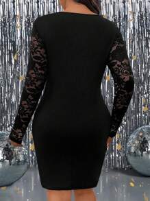 SHEIN Clasi Plus Size Party Knit Bodycon Dress With Contrast Lace And Studded Pearl Decor