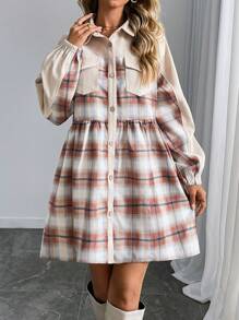 SHEIN LUNE Women's Long Sleeve Collared Pocket Pleated Waist Plaid Ruffle Trim Multi-Color Jacket