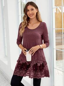 EMERY ROSE 1pc Women's Solid Color Round Neck Lace Patchwork Casual Versatile Long Sleeve T-Shirt