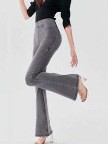 DAZY 女式高腰弹力紧身喇叭牛仔裤 - 灰色 - 查看 1