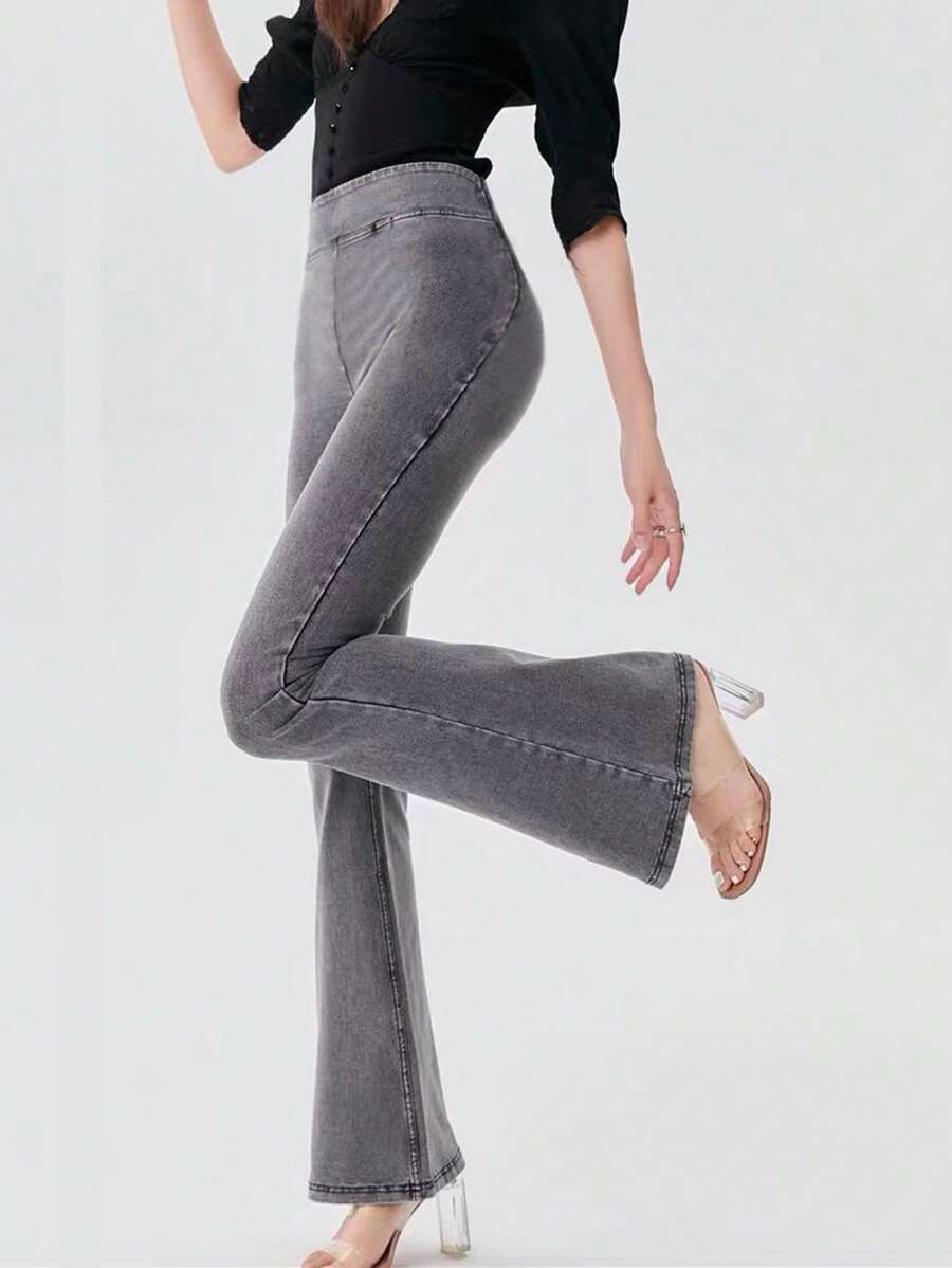 DAZY 女式高腰弹力紧身喇叭牛仔裤 - 灰色 - 查看 1