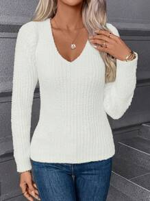 SHEIN LUNE Pull ajusté décontracté simple de couleur unie à encolure en V, pour un port quotidien