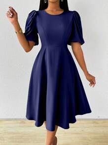 Lyxana Spring/Summer Scoop Neck Puff Sleeve Cinched Waist Flared Hem Green Dress For Women Maxi Women Outfit - Navy Blue - View 5