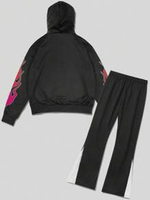 ROMWE MEN Street Life Men's Racing Letter Print Hoodie And Sweatpants Tracksuit - Black - View 2