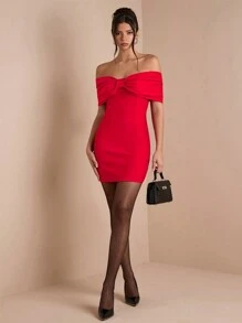 SHEIN BAE Women's Elegant Open Shoulder Bowknot Cocktail Dress, Suitable For Party, Date Night, Clubbing In Autumn & Winter