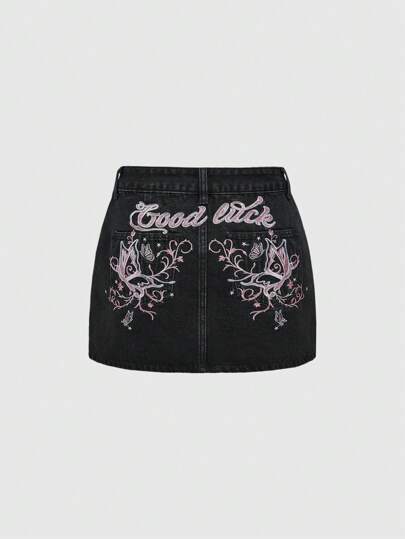 Damen Y2K Schmetterling & Buchstaben Stickerei Denim Mini Rock