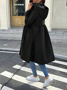 SHEIN 孕妇纯色长袖拉链前口袋休闲连帽夹克，秋季 - 黑色 - 查看 3