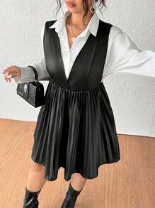 Flirla 大码女式褶皱深 V 领 PU 皮革连衣裙