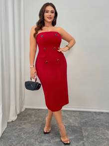 SHEIN Unity Vestido Elegante Halterneck para Mulheres Plus Size com Fenda Alta, para Roupas de Ano Novo - Vermelho - Visão 1