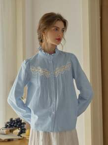 Simple Retro 女装春夏休闲小立领蕾丝撞色拼接蓝色优雅复古优雅情人节长袖衬衫 - 藍色 - 查看 1