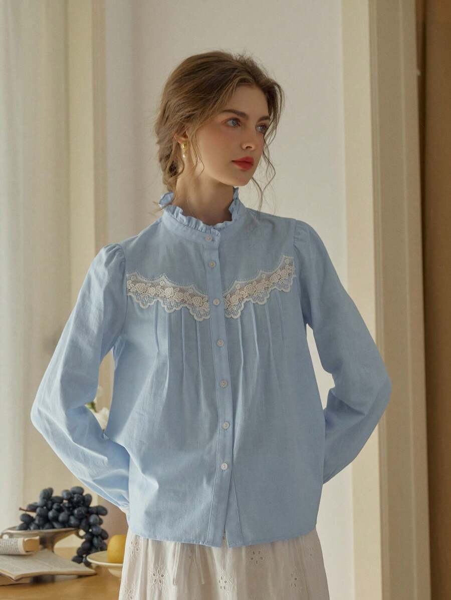 Simple Retro 女装春夏休闲小立领蕾丝撞色拼接蓝色优雅复古优雅情人节长袖衬衫 - 藍色 - 查看 1