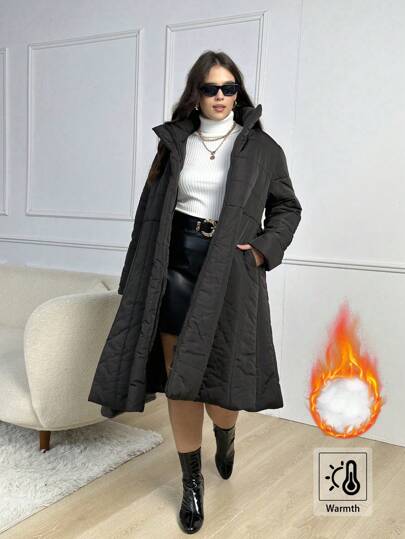 SHEIN Clasi 大码女式纯色 A 字型圣诞休闲套头长款加厚棉衣外套，秋冬装