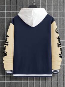 Manfinity Roughcore Men's Casual Street Style Slogan Print Contrast Color Varsity Bomber Baseball Jacket, For Fall