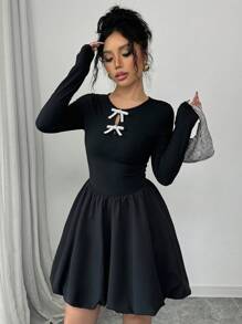 Chiquease Women's Fashion Elegant Cinched Waist Bow Decor Peplum Dress - Black and White - View 5