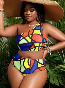 SHEIN Slayr CURVE Bộ đồ bơi bikini họa tiết hình học bất đối xứng cỡ lớn mùa hè - Nhiều màu - Xem 3