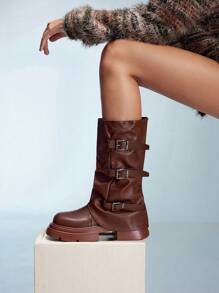 CUCCOO GRLICON Women's Chunky Sole Western Cowboy Mid-Calf Boots For Christmas And New Year Holiday Valentines - Burgundy - View 5