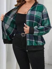 SHEIN LUNE Chaqueta acolchada de talla grande para mujeres con diseño a cuadros en verde y negro, de manga larga y costilla, cómoda para el invierno y las fiestas