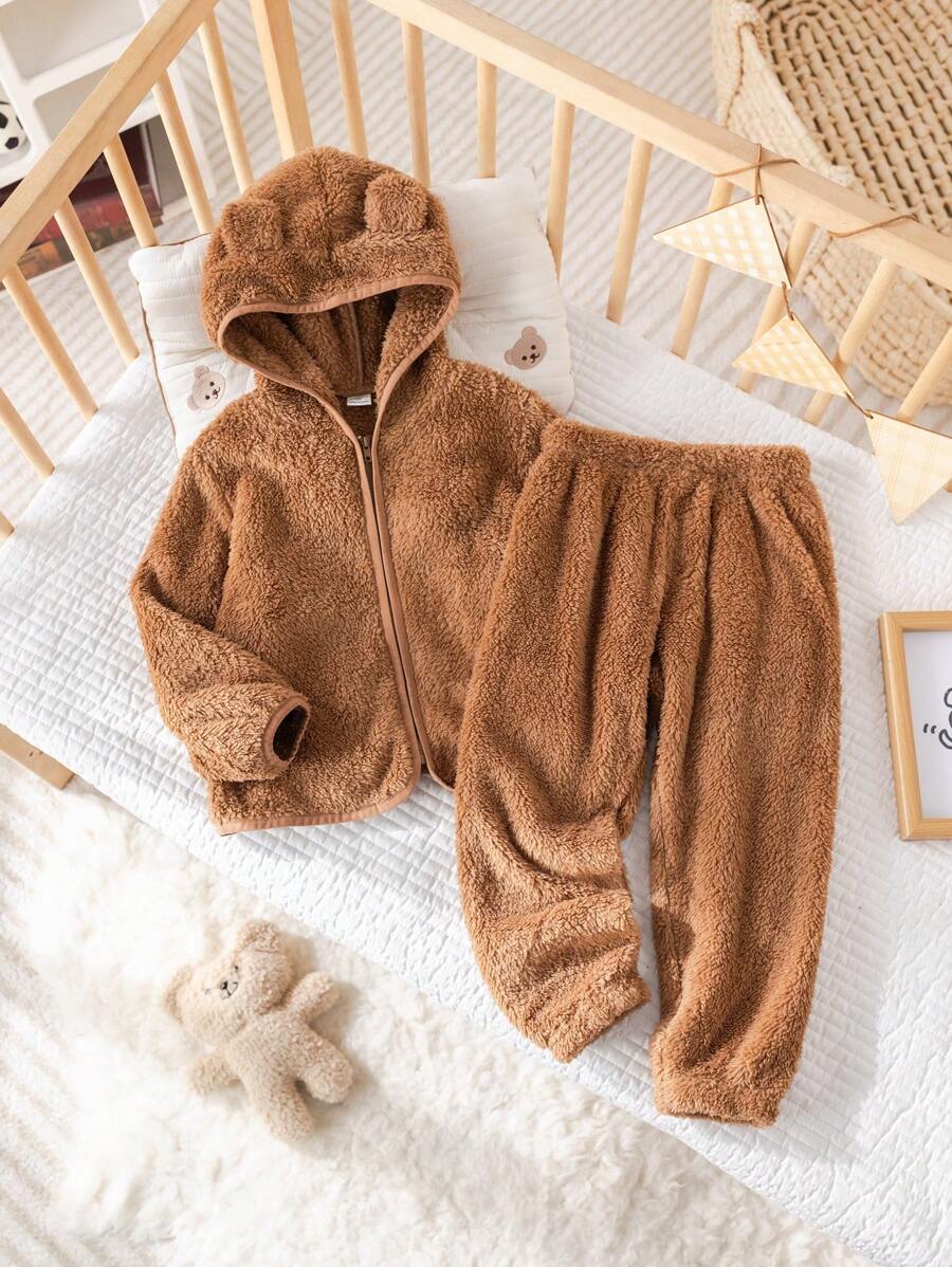 SHEIN 2 件装小男孩可爱耳朵设计连帽拉链上衣和柔软羊毛裤,舒适睡衣睡衣套装,秋冬 - 灰色 - 查看 1