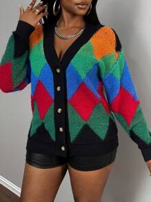 Slaydiva New Winter Contrast Color Knitted Cardigan, Casual Streetwear For Valentine's, New Year, Party, Daily Wear