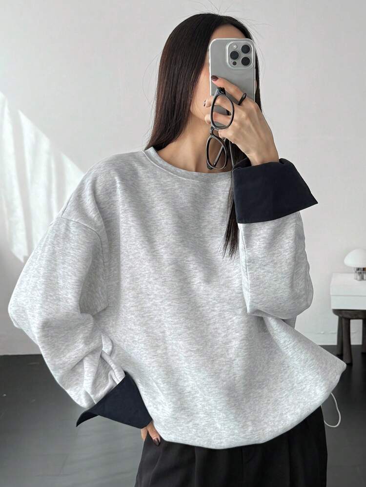Thermal Lined Loose Colorblock Pullover Sweatshirt For Women,Fall Women Clothes
