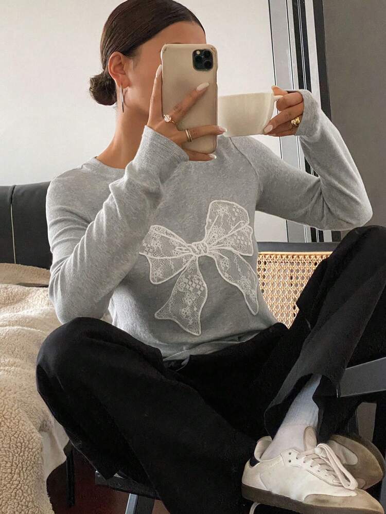 Lace Bow Decor Oversized Crew Neck Long Sleeve Women T-Shirt,Fall Clothes
