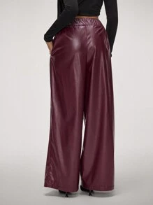 SHEIN Forever 21 Women PU Leather Look Casual Straight Leg Pants, Minimalist And Fashionable For Everyday Wear - Red - View 3