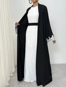 Women Solid Color Patchwork Long Sleeve Casual Abaya Open Cardigan