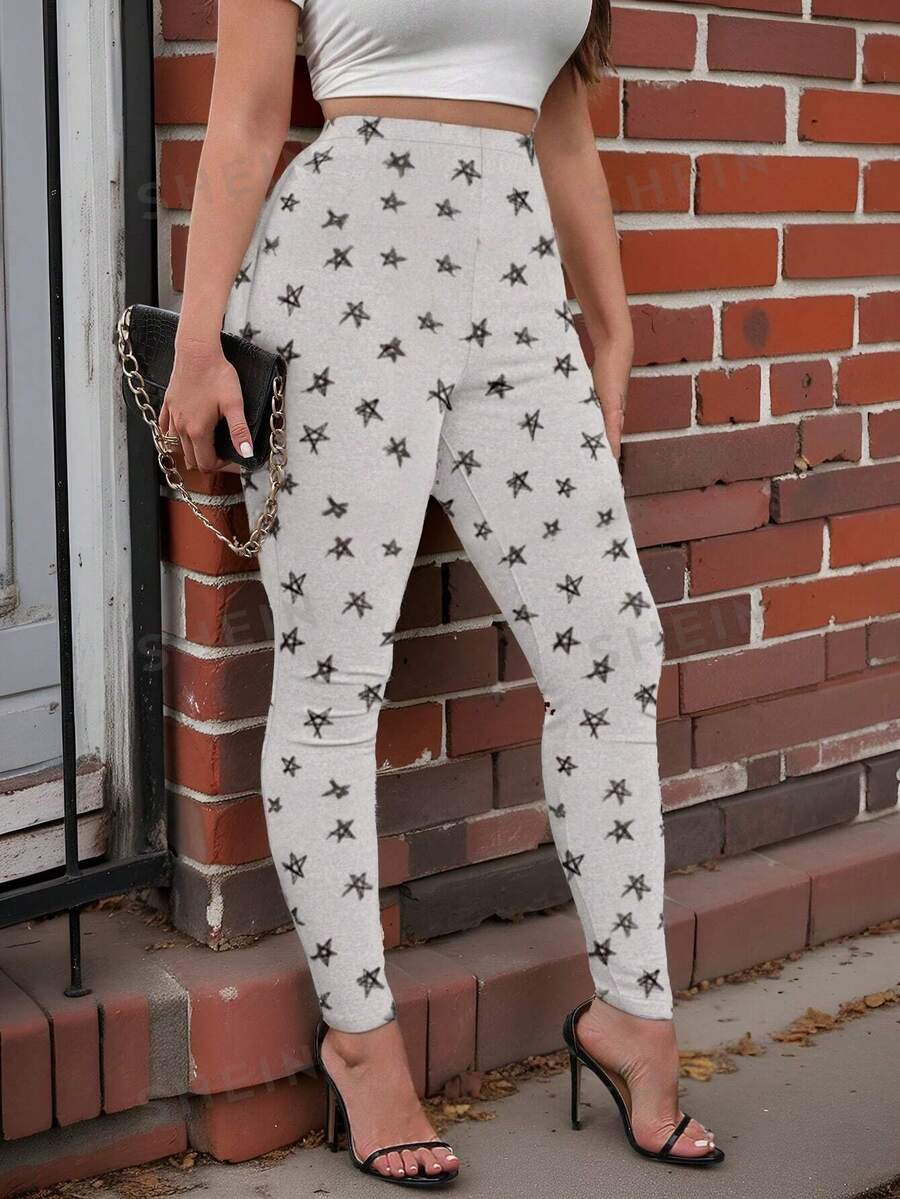 SHEIN LUNE Leggings casuales de punto con estampado para mujer de talla grande, otoño/invierno