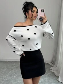 Elenzga 女款心形图案不对称领口撞色边长袖T恤 图案T恤 女款春季上衣