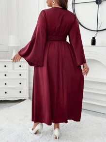 SHEIN Unity 缎面 V 领纯色喇叭袖 A 字型优雅连衣裙长款女装 - 香檳色 - 查看 2