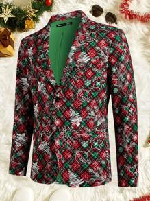 Manfinity VCAY 2pcs Men's Christmas Tree Print Knit Shawl Collar Open Front Casual Blazer And Straight Leg Casual Suit Pants Set, Suitable For Autumn Christmas Party