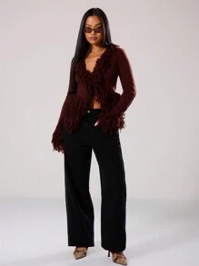 MUSERA 复古毛边针织开衫，适合春季、Y2K、90年代风格，休闲可爱，适合感恩节、新年和圣诞节穿着。 - 巧克力棕 - 查看 4