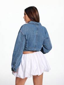 SHEIN EZwear Áo khoác denim ngắn giản dị cho nữ, mùa thu - Rửa trung bình - Xem 2